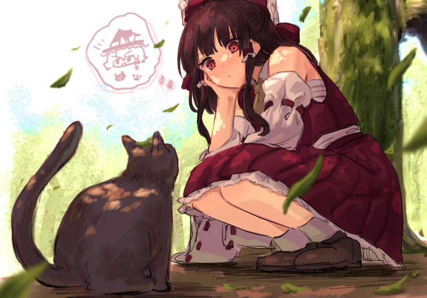 1girl animal asanagi_ron black_cat blush bow brown_hair cat detached_sleeves from_below full_body grass hair_bow hair_tubes hakurei_reimu kirisame_marisa loafers long_hair looking_at_another outdoors red_bow red_eyes red_skirt ribbon_trim shoes skirt socks solo squatting thought_bubble touhou white_legwear