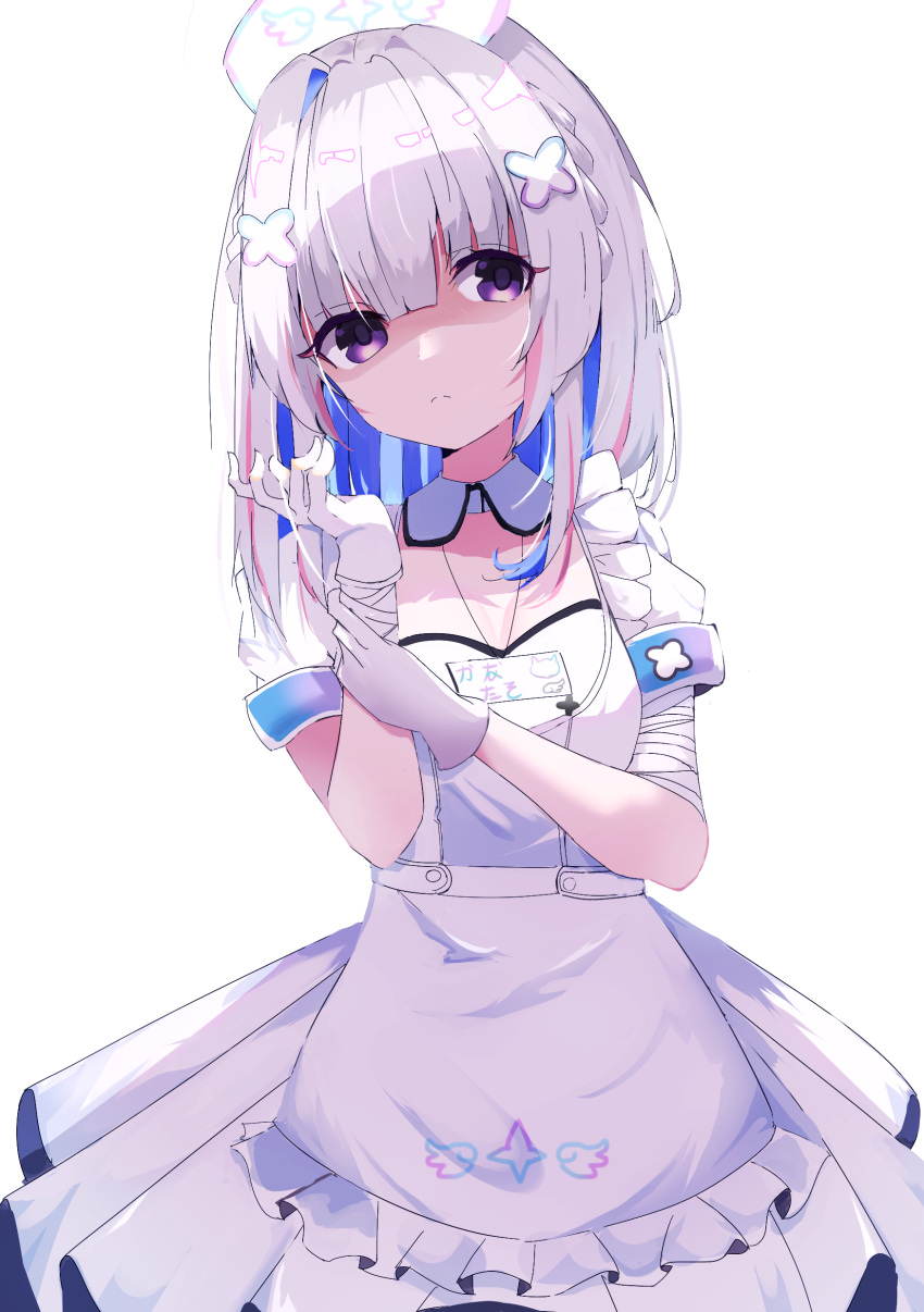 1girl absurdres amane_kanata apron bangs blunt_bangs dress gloves hair_ornament highres hololive liyaku long_hair looking_at_viewer nurse solo violet_eyes virtual_youtuber white_apron white_dress white_gloves white_hair x_hair_ornament