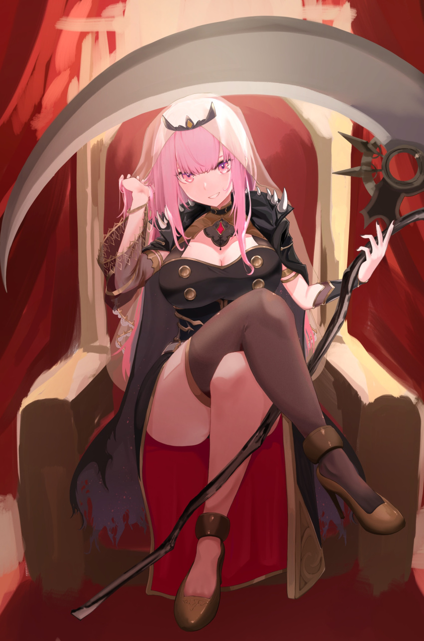1girl absurdres black_dress breasts cape crossed_legs dress grin hand_in_own_hair high_heels highres hololive hololive_english knbd large_breasts mori_calliope pink_eyes pink_hair scythe single_thighhigh sitting smile thigh-highs throne tiara veil virtual_youtuber