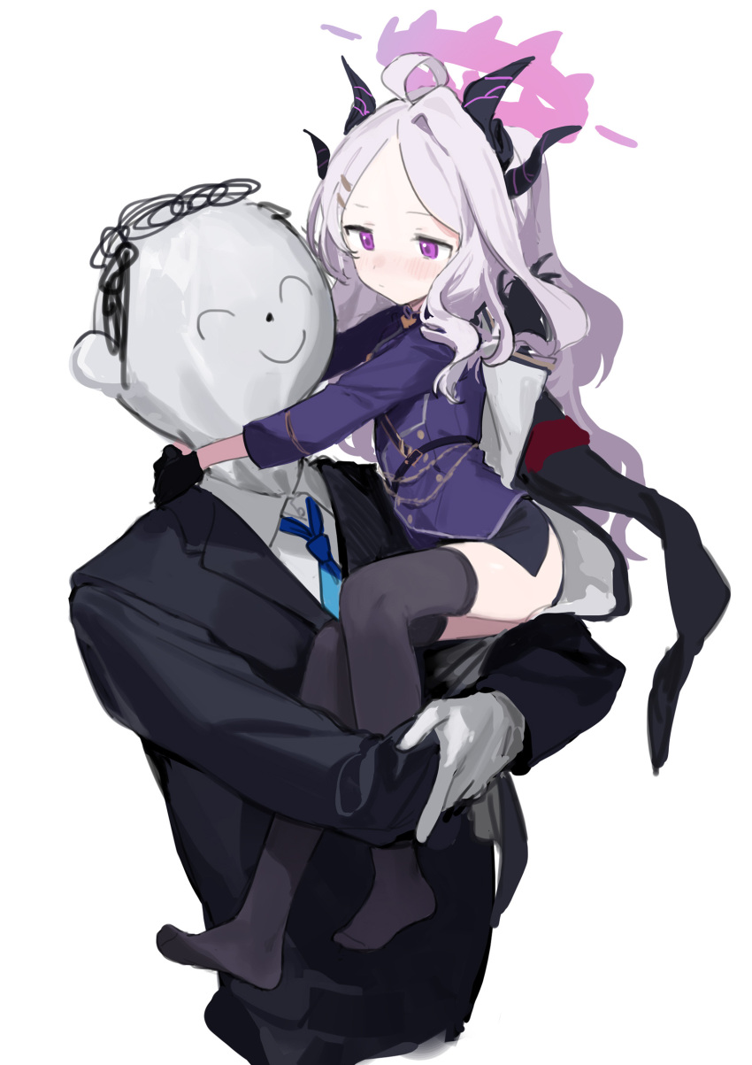 1boy 1girl absurdres ahoge armband ass black_gloves black_legwear black_skirt blue_archive buttons carrying carrying_person coat demon_horns double-breasted formal gloves hair_ornament hairclip halo height_difference highres hina_(blue_archive) horns long_coat long_hair military military_uniform miniskirt multiple_horns necktie purple_coat purple_hair sensei_(blue_archive) sh_(562835932) side_slit skirt suit thigh-highs uniform white_background white_hair