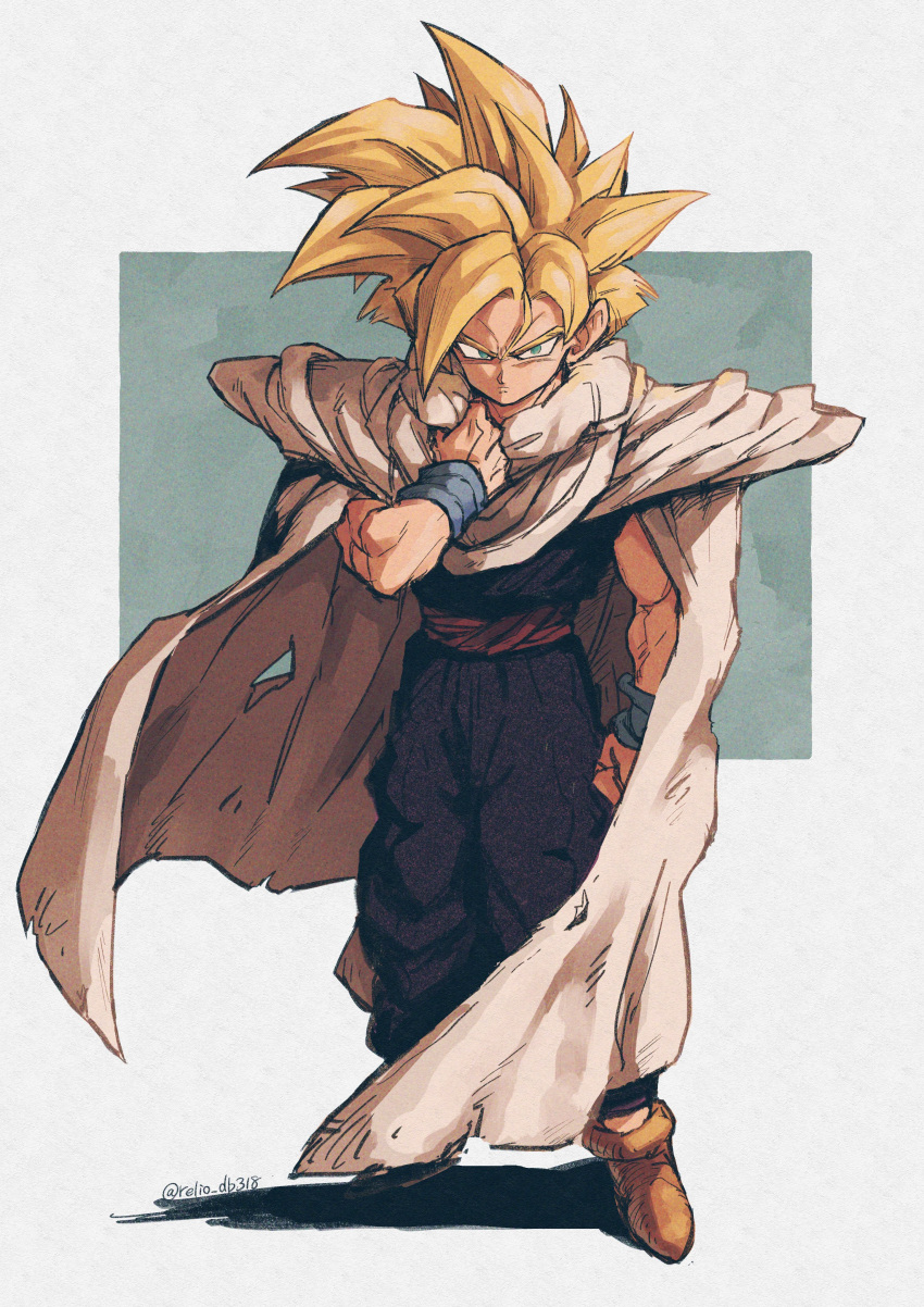 1boy absurdres blonde_hair blue_background blue_eyes border brown_footwear cape closed_mouth dougi dragon_ball dragon_ball_z full_body highres japanese_clothes pants purple_pants purple_vest red_sash relio_db318 sash serious short_hair simple_background solo son_gohan spiky_hair standing super_saiyan super_saiyan_1 vest white_border white_cape wristband