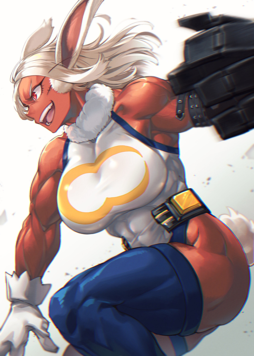 1girl abs amputee animal_ears arm_strap arm_up bangs bare_shoulders biceps blue_legwear boku_no_hero_academia breasts covered_abs crescent_print dark-skinned_female dark_skin fur_collar gloves highres large_breasts leotard long_eyelashes looking_away mechanical_arms mikel_(4hands) mirko muscular muscular_female open_mouth parted_bangs rabbit_ears rabbit_girl rabbit_tail red_eyes scar scar_on_face short_hair single_mechanical_arm solo stitches superhero tail tail_through_clothes taut_leotard teeth thick_thighs thigh-highs thighs toned veins veiny_arms white_gloves white_hair white_leotard