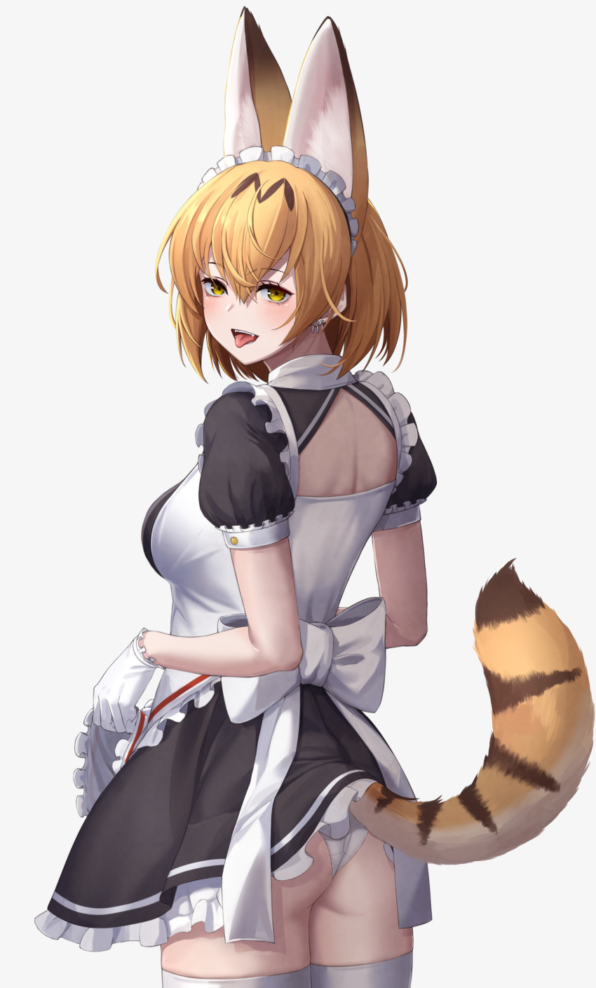 1girl :d absurdres animal_ear_fluff animal_ears apron apron_lift ass back_cutout bangs blonde_hair breasts clothing_cutout cowboy_shot deku_suke ear_piercing extra_ears fangs frills from_behind gloves hair_between_eyes highres kemono_friends lifted_by_self looking_at_viewer looking_back maid maid_headdress medium_breasts official_alternate_costume open_mouth panties piercing puffy_short_sleeves puffy_sleeves serval_(kemono_friends) short_hair short_sleeves simple_background smile solo tail thigh-highs tongue tongue_out underwear waist_apron white_background white_gloves white_legwear white_panties yellow_eyes