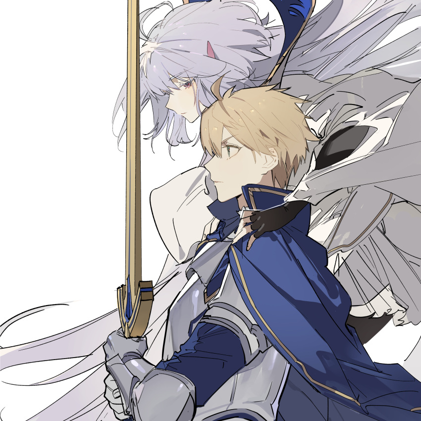 1boy 1girl absurdres ahoge antenna_hair armor arthur_pendragon_(fate) black_gloves blonde_hair blue_cape breastplate cape commentary_request excalibur_(fate/prototype) eyebrows_visible_through_hair fate/grand_order fate/grand_order_arcade fate/prototype fate_(series) fingerless_gloves floating from_side gauntlets gloves green_eyes grey_hair hand_on_another's_shoulder highres holding holding_sword holding_weapon knight long_hair looking_at_another looking_away merlin_(fate/prototype) pink_eyes profile robe short_hair simple_background sword upper_body very_long_hair weapon white_background white_robe wide_sleeves zhibuji_loom