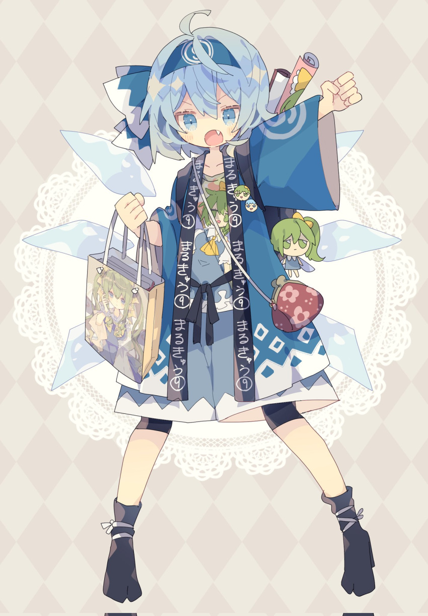 1girl alternate_costume argyle argyle_background arm_up bike_shorts black_shorts blue_eyes blue_hair boots card character_doll checkered_clothes checkered_kimono cirno daiyousei fang full_body fumo_(doll) green_eyes green_hair highres ice ice_wings japanese_clothes kimono legs_apart long_sleeves looking_at_viewer nikorashi-ka open_mouth shirt shorts simple_background solo standing tiles touhou v-shaped_eyebrows wide_sleeves wings