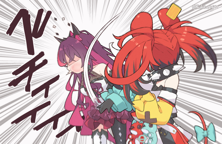 2girls animal_ears black_hair collar commentary english_commentary hair_ornament hakos_baelz highres hololive hololive_english horns irys_(hololive) kukie-nyan long_hair meme mouse_ears mouse_girl multicolored_hair multiple_girls pointy_ears purple_hair redhead slapping spiked_collar spikes streaked_hair twintails twitter_username virtual_youtuber white_hair will_smith_slapping_chris_rock_(meme)