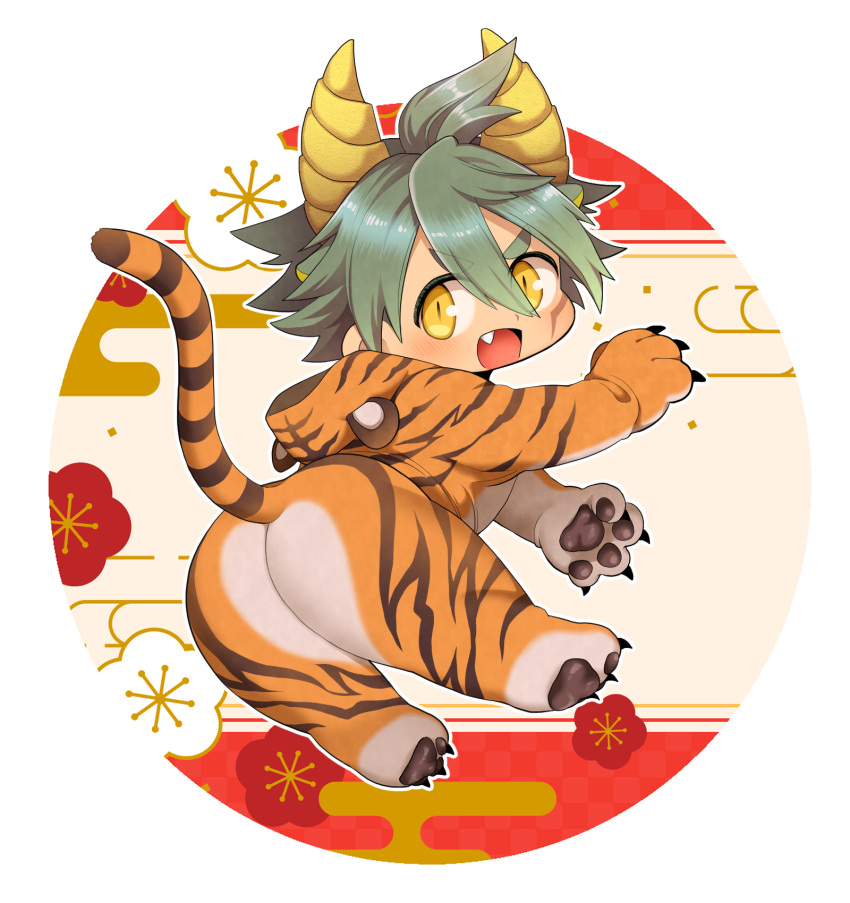 1boy animal_costume animal_ears animal_hands animal_print ass ass_focus blush chibi fake_animal_ears fang fang_out full_body green_hair hair_between_eyes highres hood hood_down kemonomimi_mode looking_at_viewer male_focus master_utsushi monster_hunter_(series) monster_hunter_rise mumumu_(ahomoidasuyo) short_hair solo tail tail_raised thick_eyebrows tiger_costume tiger_ears tiger_print tiger_tail