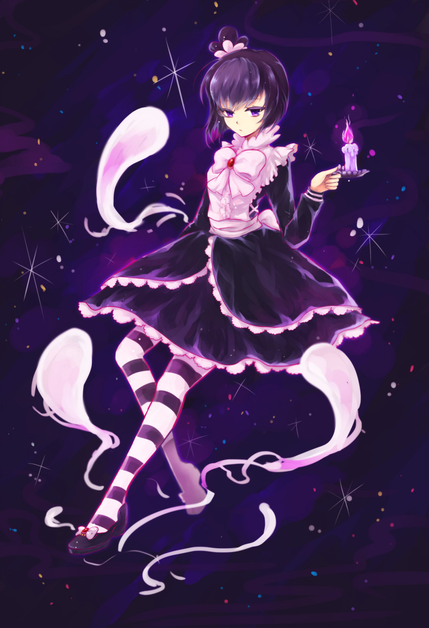 1girl artist_request bangs black_dress blackberry_cookie bow brooch candle cookie_run curtain_grab curtains dress frills full_body highres humanization jewelry juliet_sleeves lolita_fashion long_hair long_sleeves looking_at_viewer mary_janes petticoat photoshop_(medium) puffy_sleeves purple_hair shoes solo striped striped_legwear violet_eyes window