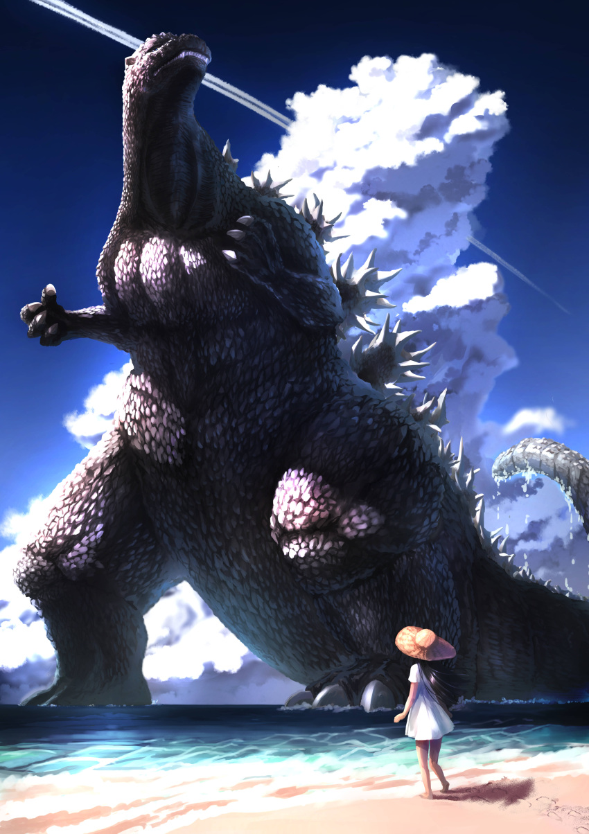 1girl absurdres aircraft airplane beach clouds dress fukutchi full_body godzilla godzilla_(series) hat highres horizon kaijuu looking_at_another ocean outdoors solo standing straw_hat summer sundress white_dress