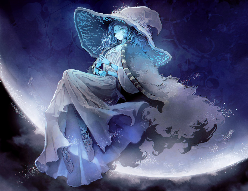 1girl blue_eyes blue_hair blue_skin cloak colored_skin cracked_skin doll_joints dress elden_ring extra_arms extra_faces fur_cloak hat highres joints kazuhi long_hair looking_at_viewer moon night one_eye_closed ranni_the_witch solo white_dress white_headwear witch witch_hat