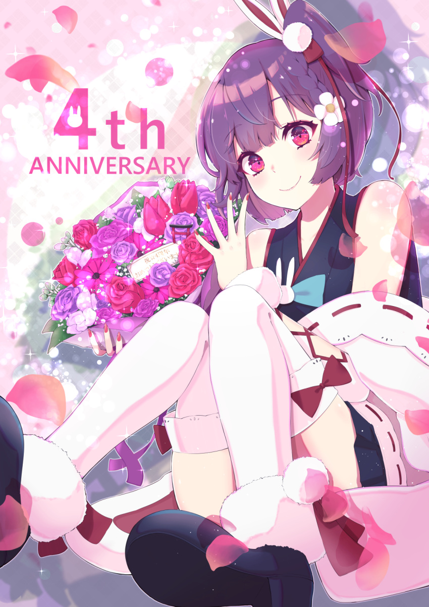1girl animal_ears anniversary bare_shoulders bouquet braid fake_animal_ears flower full_body hair_flower hair_ornament hand_up highres knees_together_feet_apart nail_polish one_side_up pink_eyes pink_nails purple_flower rabbit_ears rose shoes short_hair single_braid sitting sleeveless smile solo syoko_heppoko tenjin_kotone tenjin_kotone_(channel) thigh-highs virtual_youtuber