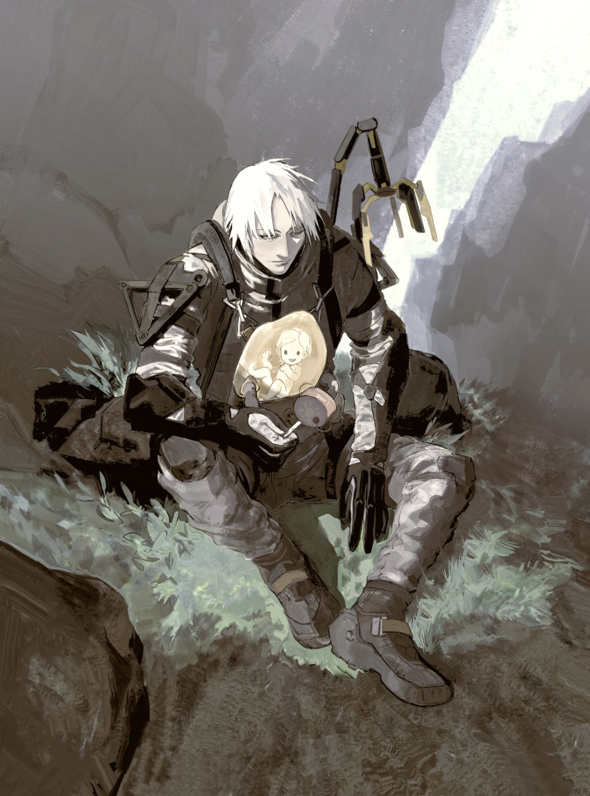1boy 1girl absurdres baby babywearing bb-28 bb-28_(cosplay) black_gloves boots cosplay creator_connection death_stranding elbow_pads full_body gloves highres jumpsuit knee_pads linka_guo metal_gear_(series) metal_gear_solid_4 nature odradek pale_skin raiden_(metal_gear) sam_porter_bridges sam_porter_bridges_(cosplay) sitting solo_focus sunny_gurlukovich white_hair