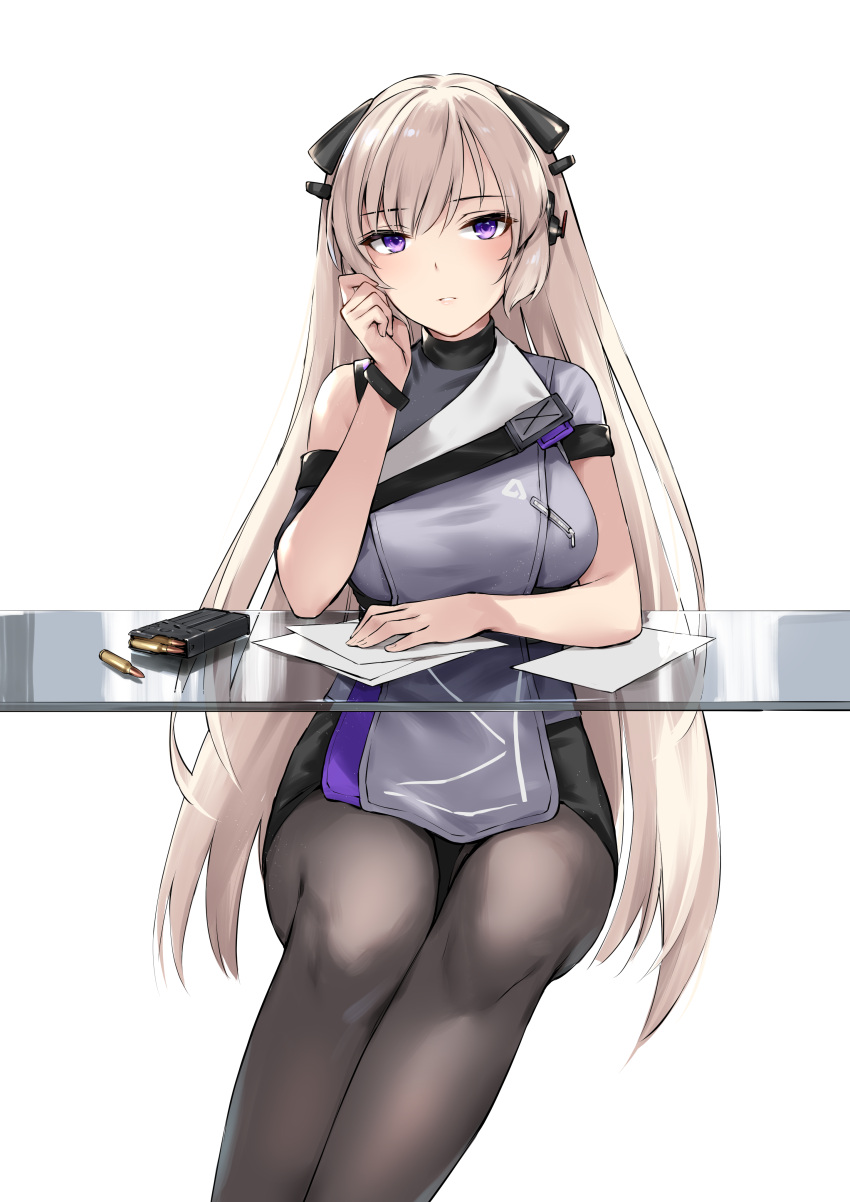 1girl absurdres alternate_costume bangs black_legwear blonde_hair breasts bullet chair closed_mouth commission dress embarrassed eyebrows_visible_through_hair feet_out_of_frame g3_(girls'_frontline) girls_frontline grey_dress hair_ornament hairclip hand_on_own_cheek hand_on_own_face highres long_hair looking_at_viewer magazine_(weapon) medium_breasts mod3_(girls'_frontline) pantyhose paper parted_lips pixiv_request sitting solo table turtleneck uniform violet_eyes white_background zen_juraku