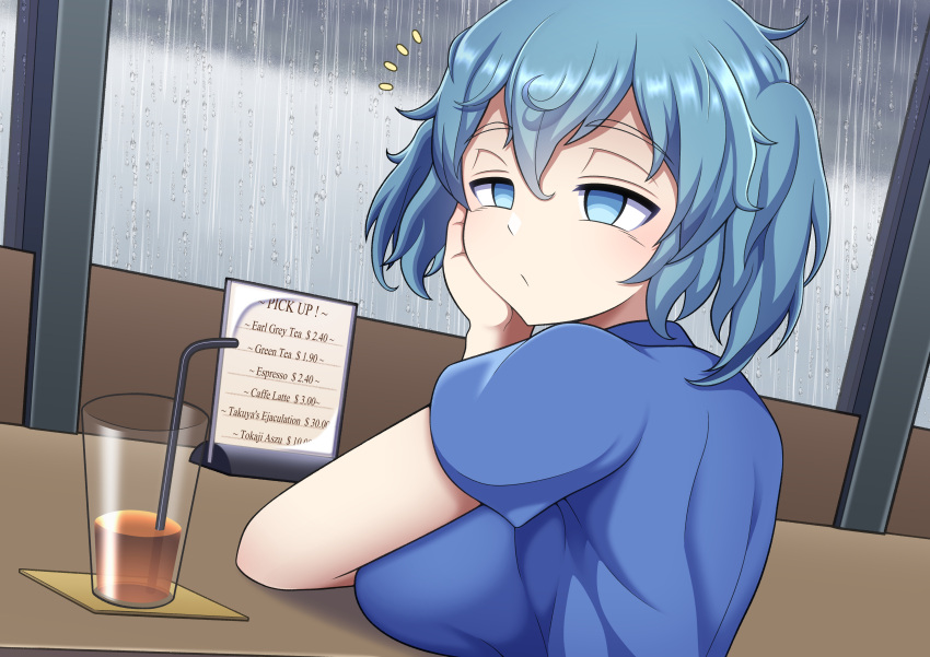 1girl absurdres bad_id bad_nicoseiga_id bags_under_eyes bangs blue_eyes blue_hair blue_shirt breast_rest breasts closed_mouth cookie_(touhou) cup drinking_straw english_text error expressionless hair_between_eyes highres indoors kawashiro_nitori kofji_(cookie) kosumodansaa large_breasts looking_at_viewer looking_back manatsu_no_yo_no_inmu menu notice_lines rain shirt short_hair solo touhou two_side_up upper_body water