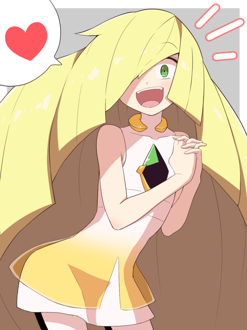 1girl :d bangs blonde_hair breasts commentary_request covered_collarbone diamond_(shape) dress eyebrows_visible_through_hair gem green_eyes green_gemstone hair_over_one_eye hands_up heart highres kurachi_mizuki long_hair looking_at_viewer lusamine_(pokemon) notice_lines open_mouth own_hands_together pokemon pokemon_(game) pokemon_sm sleeveless sleeveless_dress smile solo spoken_heart teeth tongue upper_teeth white_dress