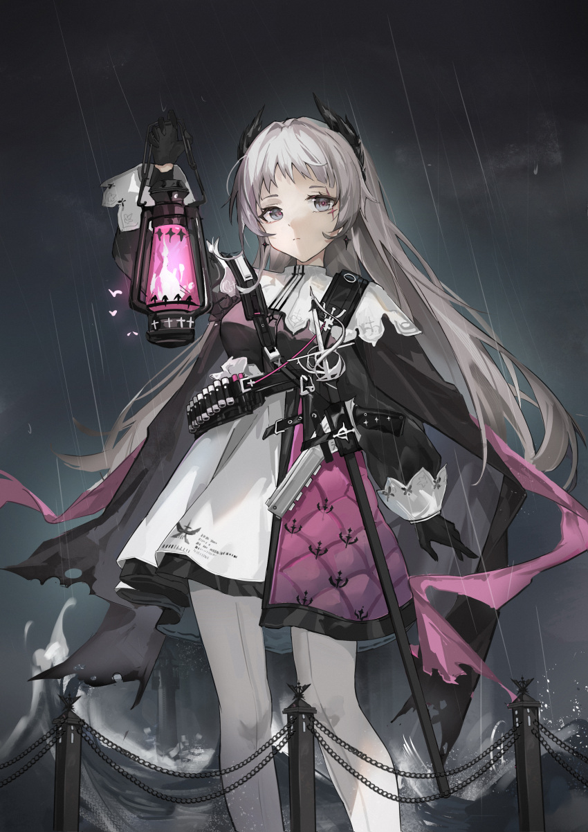 1girl absurdres arknights black_gloves black_jacket chenmu_sora closed_mouth clouds cloudy_sky expressionless feet_out_of_frame fire front-seamed_legwear gloves grey_eyes grey_hair gun head_wings highres holding holding_lantern irene_(arknights) jacket lantern layered_skirt long_hair long_sleeves looking_at_viewer ocean outdoors pink_fire puffy_long_sleeves puffy_sleeves purple_skirt railing rain rapier scar scar_across_eye scar_on_face seamed_legwear sheath sheathed skirt sky standing sword very_long_hair water weapon white_legwear white_skirt