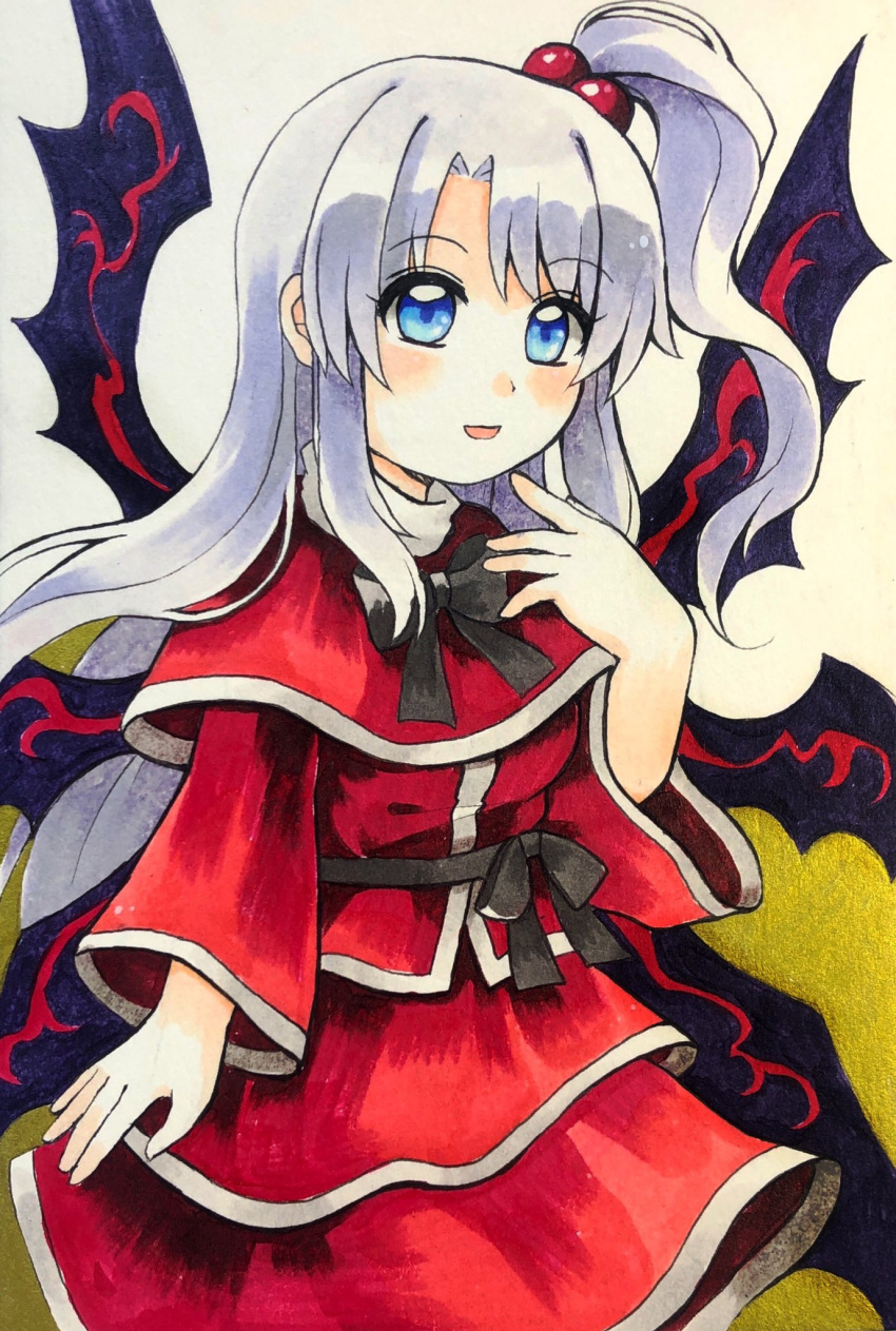1girl black_bow black_bowtie black_ribbon black_sash blue_eyes blush bow bowtie breasts capelet commentary_request demon_wings eyebrows_visible_through_hair grey_hair hair_bobbles hair_ornament highres layered_skirt long_hair long_sleeves maa_(forsythia1729) marker_(medium) medium_breasts multiple_wings open_mouth red_capelet red_shirt red_skirt ribbon sash shinki_(touhou) shirt side_ponytail skirt solo touhou touhou_(pc-98) traditional_media very_long_hair wide_sleeves wings