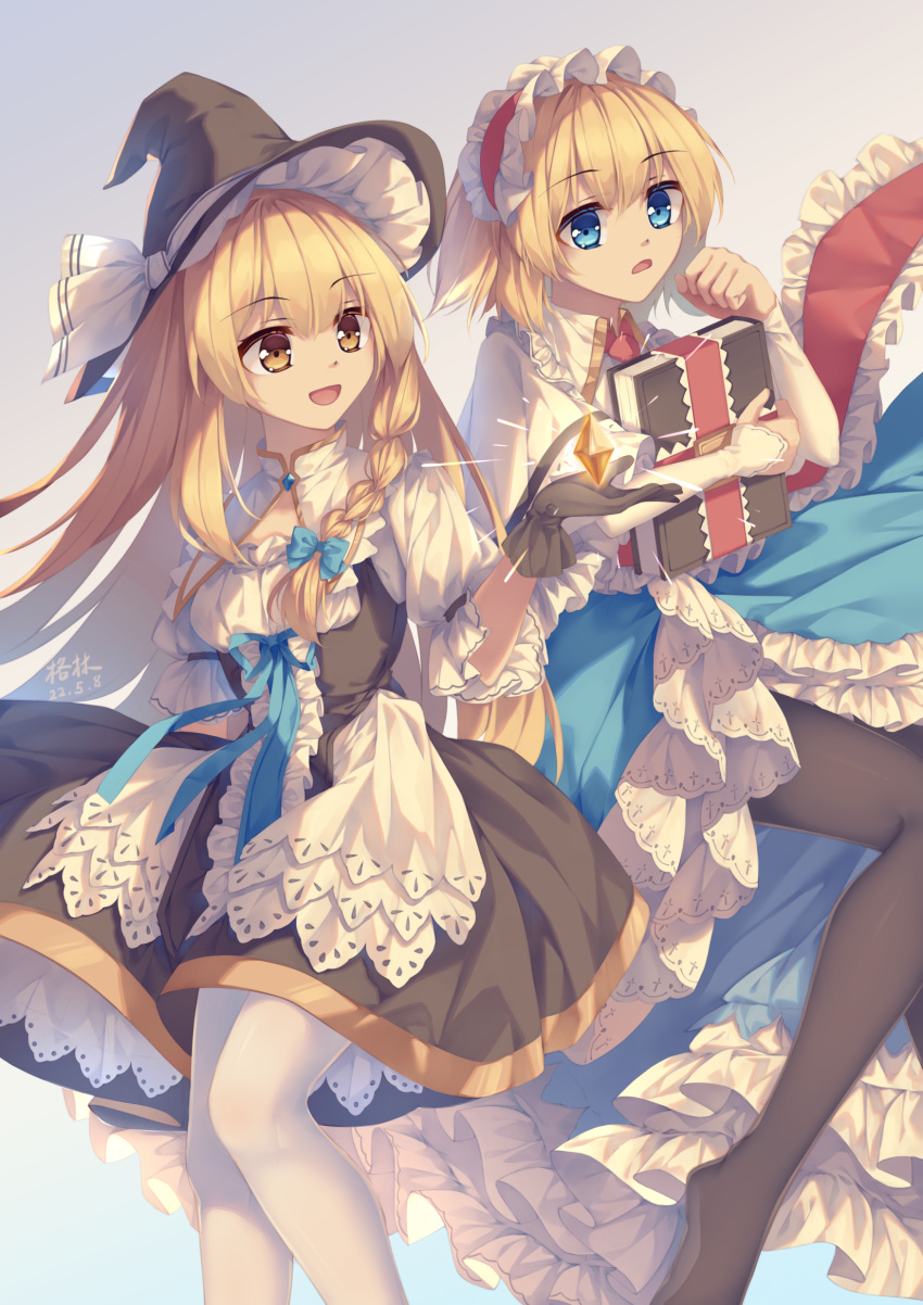 2girls absurdres alice_margatroid apron ascot black_dress black_gloves blonde_hair blue_bow blue_dress blue_eyes bow buttons capelet dress frilled_ascot frilled_dress frills gloves grimoire_of_alice hair_bow hairband hat hat_bow highres kirisame_marisa lolita_hairband long_hair mechrailgun multiple_girls pantyhose puffy_short_sleeves puffy_sleeves red_ascot red_hairband short_hair short_sleeves simple_background touhou waist_apron white_background white_bow white_legwear witch_hat yellow_eyes