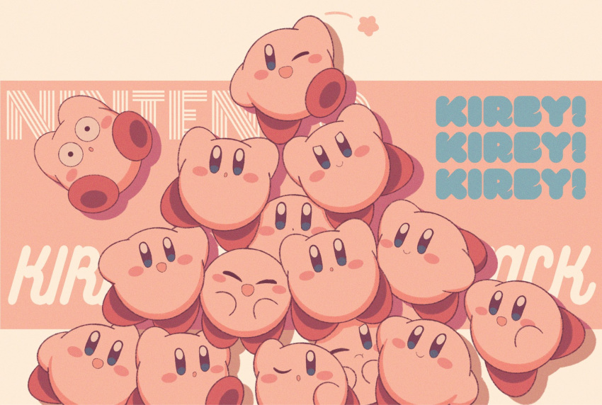 2-gou_(181poyo) :d :o ;d ;o ;t closed_eyes copyright_name english_text highres kirby kirby_(series) looking_at_viewer nintendo no_humans o_o one_eye_closed open_mouth smile star_(symbol)