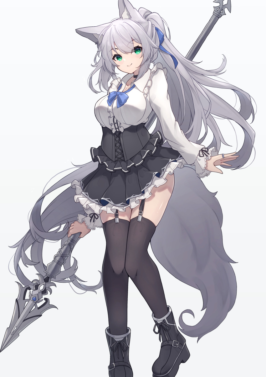 1girl absurdres animal_ears black_footwear black_legwear blue_bow blue_bowtie blue_ribbon bow bowtie breasts commission dress fox_ears frilled_dress frills garter_straps green_eyes grey_hair hair_ribbon highres hinata_(user_rjkt4745) large_breasts long_hair long_sleeves looking_at_viewer original polearm ribbon skeb_commission smile solo spear thigh-highs weapon white_background