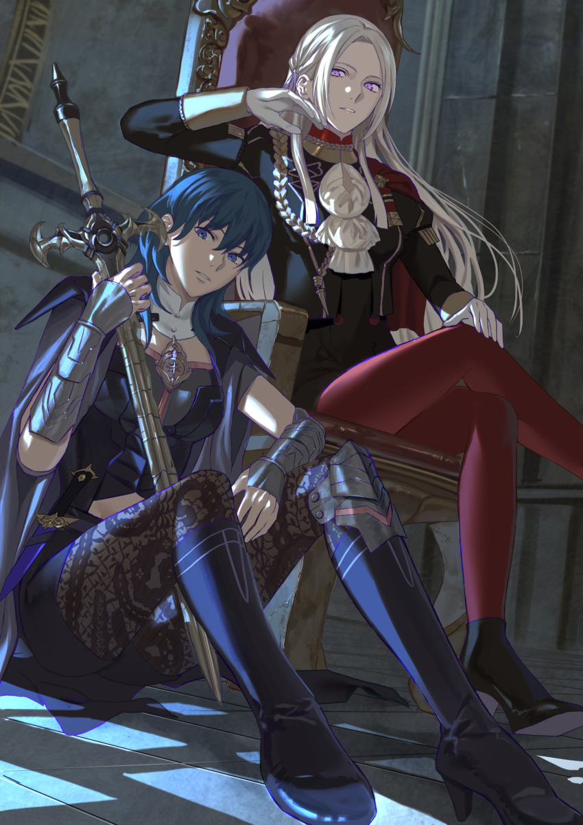 2girls ankle_boots armor ashiwara_yuu ass bangs blue_eyes blue_hair boots breasts bustier byleth_(fire_emblem) byleth_eisner_(female) capelet commentary dagger edelgard_von_hresvelg fire_emblem fire_emblem:_three_houses gloves hair_between_eyes highres interior knee_boots knee_pads knife large_breasts multiple_girls pantyhose patterned_legwear red_eyes red_legwear shoulder_armor single_knee_pad sword sword_of_the_creator tassel throne turtleneck waist_cape weapon white_gloves white_hair