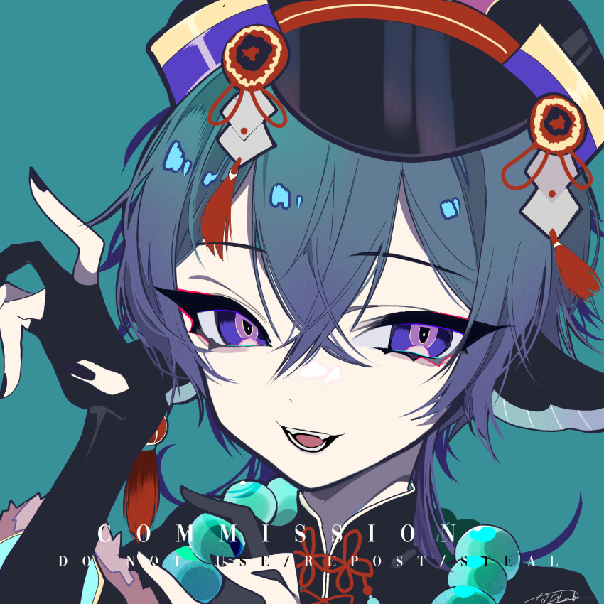 1boy animal_ears bangs bead_necklace beads black_gloves clark_niel close-up commission eyelashes gloves hair_between_eyes hat highres jewelry male_focus mochizuki_kei_(style) necklace original solo violet_eyes