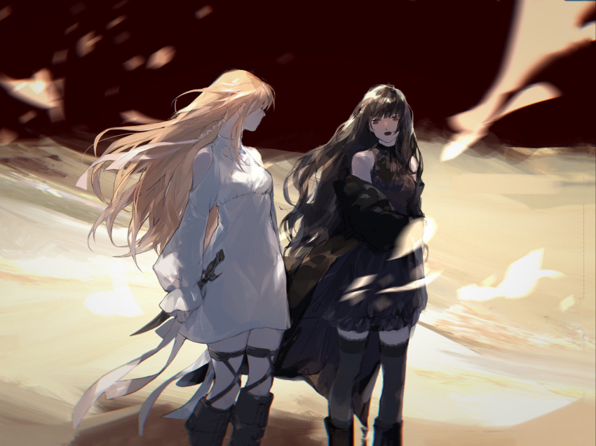 2girls 7ryryry bangs black_dress black_footwear black_hair black_legwear blue_eyes blunt_bangs blurry boots chinese_commentary clothes_around_waist clothing_cutout commentary_request dagger depth_of_field desert detached_sleeves dress facing_away feet_out_of_frame final_fantasy final_fantasy_xiv gaia_(ff14) highres hyur knee_boots knife lace-trimmed_legwear lace_trim long_hair multiple_girls orange_hair outdoors puffy_sleeves red_lips ryne shoulder_cutout standing thigh-highs weapon white_dress