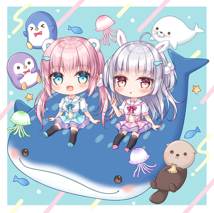 2girls :d :o ahoge animal_ears bangs bear_ears bird black_legwear blue_bow blue_footwear blue_skirt blush bow breasts chibi commentary_request eyebrows_visible_through_hair fish fish_hair_ornament green_eyes grey_hair hair_between_eyes hair_ornament hand_up jellyfish kohinata_hoshimi long_hair low_twintails medium_breasts multiple_girls original otter parted_lips penguin pink_footwear pink_hair pink_skirt puffy_short_sleeves puffy_sleeves rabbit_ears red_bow red_eyes sailor_collar seal_(animal) seashell shell shirt shoe_soles shoes short_sleeves sitting skirt smile star_(symbol) suspender_skirt suspenders thigh-highs twintails two_side_up very_long_hair whale white_sailor_collar white_shirt