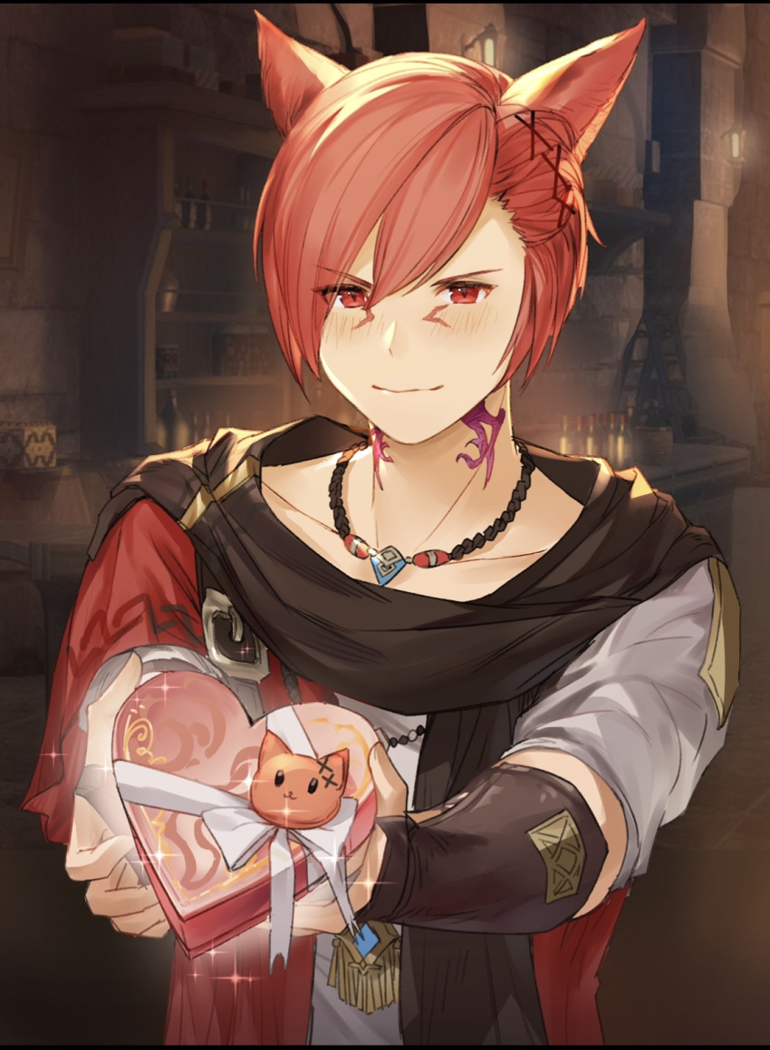 1boy animal_ears bangs box brown_scarf cat_ears chinese_commentary collarbone commentary_request facial_mark final_fantasy final_fantasy_xiv g'raha_tia gift hair_ornament heart-shaped_box highres holding holding_box holding_gift incoming_gift indoors jewelry light_blush looking_at_viewer male_focus miqo'te neck_tattoo outstretched_arms pendant red_eyes redhead scarf solo sparkle swept_bangs tattoo upper_body x_hair_ornament yiban_luguo_tongren_nu