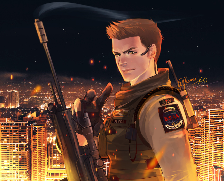 1boy 2020 black_gloves brown_eyes closed_mouth gloves green_vest gun headset holding holding_gun holding_weapon looking_at_viewer male_focus night night_sky outdoors piers_nivans resident_evil resident_evil_6 scarf shirt sky solo twitter_username vest weapon white_shirt yumi_(soak1111)