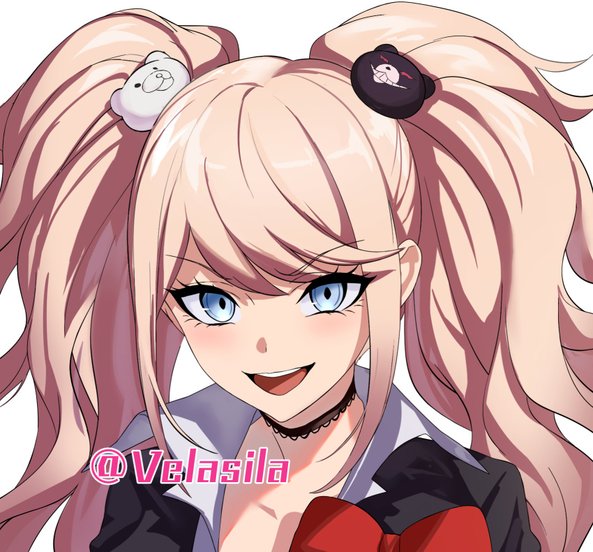 1girl :d black_choker black_jacket blonde_hair blue_eyes blush bow choker danganronpa:_trigger_happy_havoc danganronpa_(series) enoshima_junko eyebrows_visible_through_hair hair_ornament highres jacket looking_at_viewer open_mouth red_bow simple_background smile solo twintails ulrich_(tagaragakuin) white_background