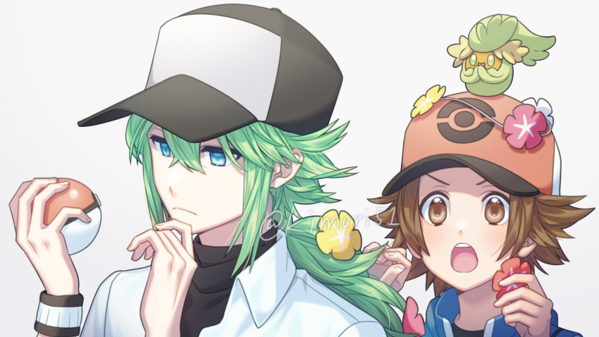 2boys bangs baseball_cap black_headwear black_undershirt blue_eyes blue_jacket brown_eyes brown_hair closed_mouth collared_shirt comfey commentary_request flower frown green_hair hair_between_eyes hands_up hat highres hilbert_(pokemon) holding holding_flower holding_poke_ball jacket long_hair male_focus multiple_boys n_(pokemon) nagiru on_head open_mouth poke_ball poke_ball_(basic) poke_ball_print pokemon pokemon_(creature) pokemon_(game) pokemon_bw pokemon_on_head shirt short_hair teeth tongue upper_body upper_teeth white_shirt