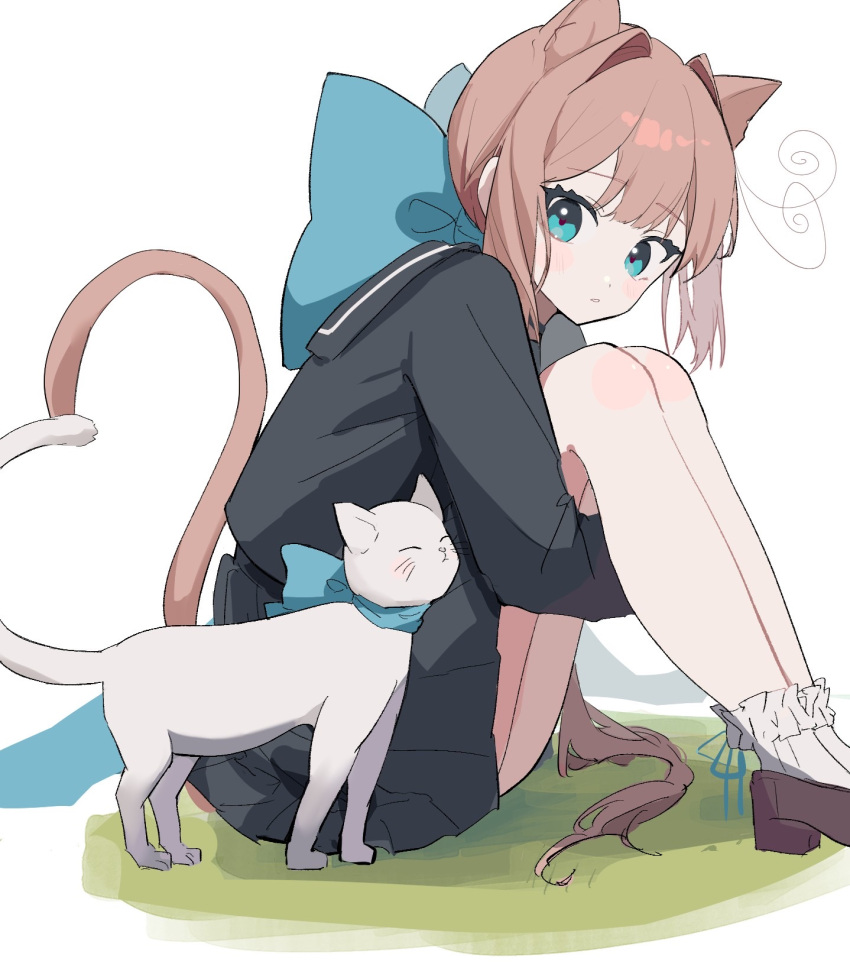 1girl :o ahute animal_ears ankle_socks antenna_hair bangs blue_eyes blush bow brown_hair cat cat_ears cat_girl cat_tail hair_bow heart heart_tail highres hugging_own_legs knees_up large_bow long_hair looking_at_animal looking_to_the_side on_grass original parted_lips pleated_skirt ponytail school_uniform serafuku sitting skirt socks solo tail very_long_hair white_cat