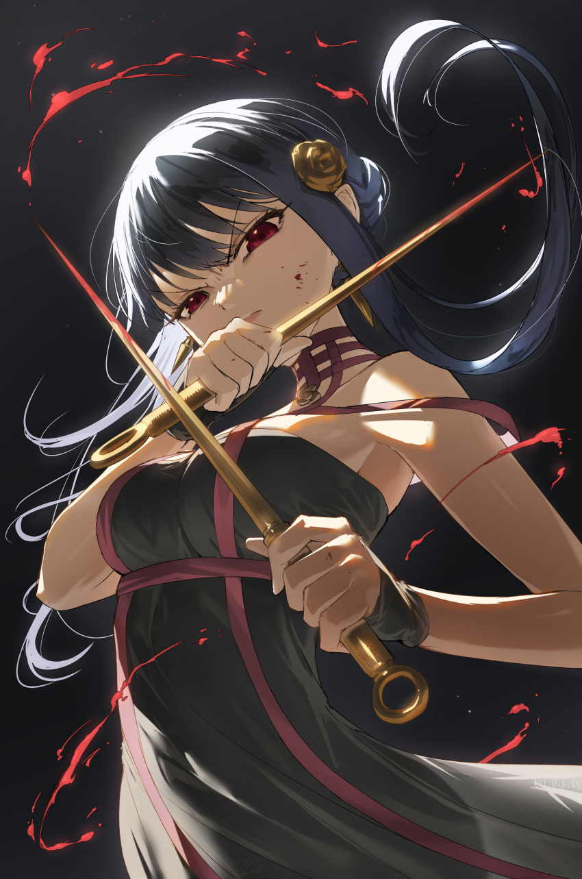 1girl absurdres bare_shoulders black_background black_dress black_hair blood blood_on_face blood_splatter closed_mouth dagger dress dual_wielding frown hair_bun hair_ornament highres holding holding_dagger holding_weapon knife long_hair looking_at_viewer red_eyes sidelocks solo spy_x_family taiga_(ryukyu-6102-8) weapon yor_briar