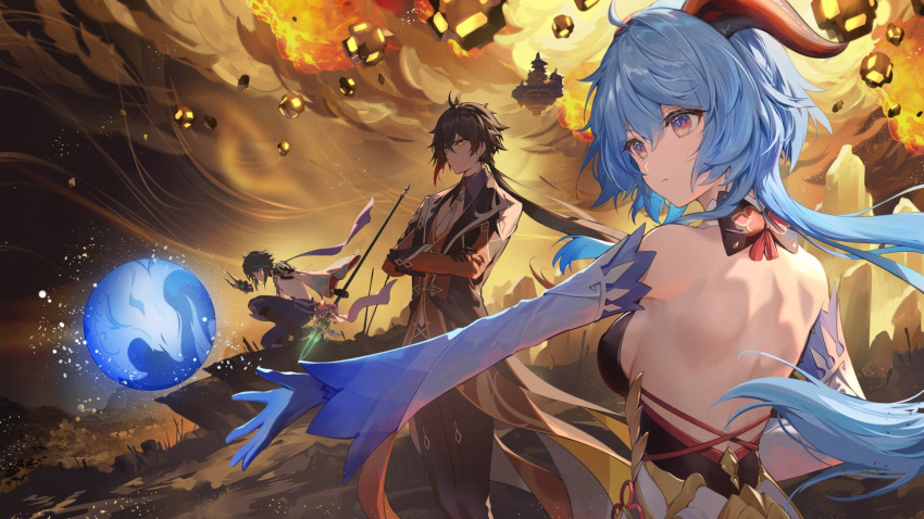 1girl 2boys ahoge back backless_outfit bare_shoulders black_hair blue_hair breasts coat crossed_arms detached_sleeves ganyu_(genshin_impact) genshin_impact gloves goat_horns highres horns jade_chamber_(genshin_impact) long_hair long_sleeves low_ponytail medium_breasts meteor meteor_shower multiple_boys necomi orb outstretched_arm pants polearm primordial_jade_winged-spear_(genshin_impact) red_eyes standing weapon xiao_(genshin_impact) zhongli_(genshin_impact)