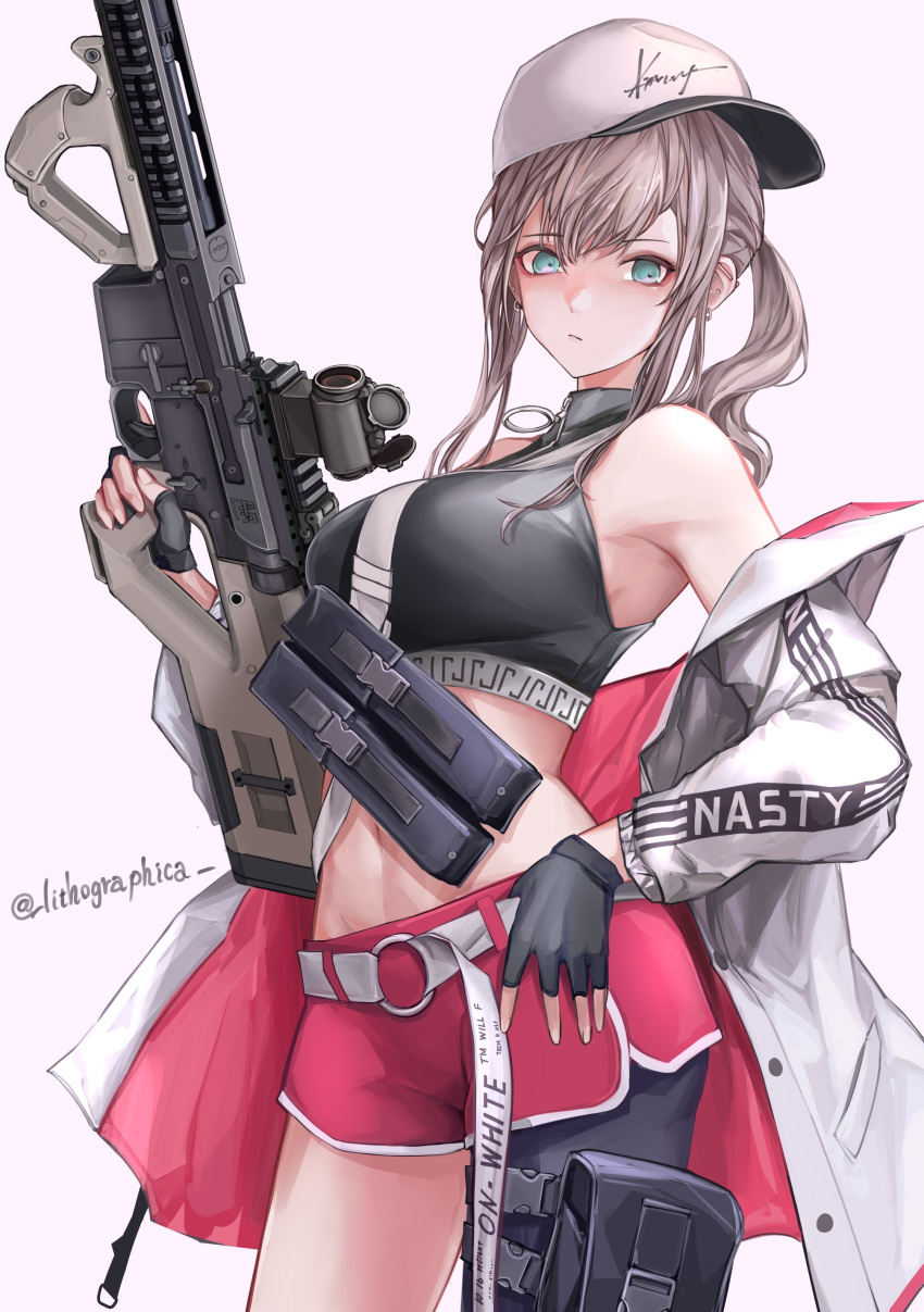1girl absurdres aqua_eyes ar-57 ar-57_(girls'_frontline) assault_rifle bangs black_gloves black_tank_top blonde_hair breasts closed_mouth crop_top eye_piercing eyebrows_visible_through_hair feet_out_of_frame fingerless_gloves girls_frontline gloves gun hand_on_hip highres holding holding_gun holding_weapon jacket jacket_pull lithographica long_hair looking_at_viewer medium_breasts navel open_clothes open_jacket pink_shorts rifle shorts side_ponytail sideboob solo standing tank_top twitter_username weapon white_background white_headwear white_jacket
