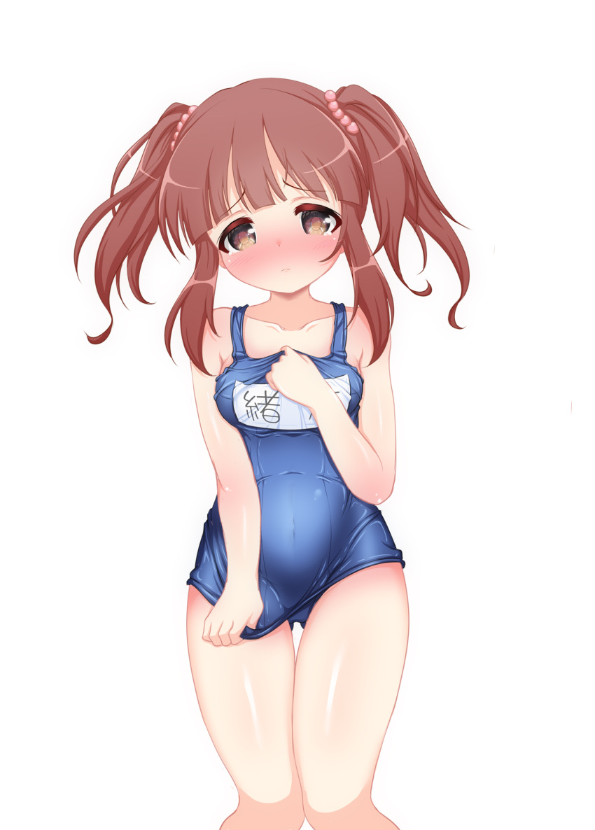 1girl ass_visible_through_thighs bangs blue_swimsuit blunt_bangs blush breasts brown_eyes brown_hair covered_navel hand_on_own_chest highres hosizora_mikoto idolmaster idolmaster_cinderella_girls long_hair name_tag ogata_chieri old_school_swimsuit one-piece_swimsuit school_swimsuit simple_background solo swimsuit swimsuit_tug thigh_gap thighs twintails white_background