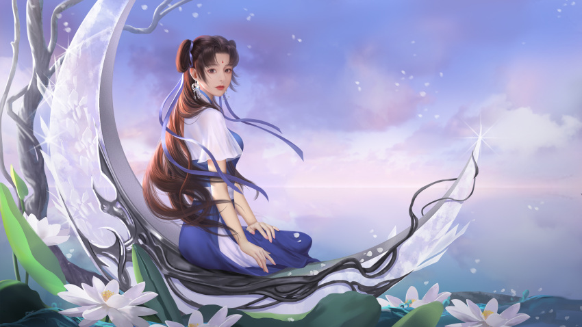 1girl absurdres bad_link bare_tree blue_dress brown_hair chinese_clothes crescent double_bun dress expressionless flower highres horizon long_hair ribbon short_sleeves sitting solo tree upper_body water xian_jian_qi_xia_zhuan_(series) zhao_linger