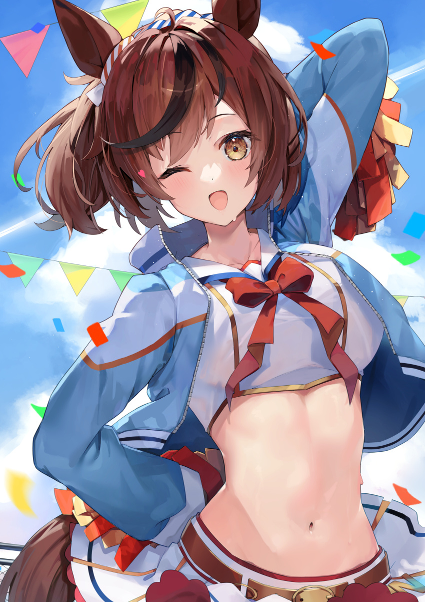 1girl ;d absurdres animal_ears arm_behind_head arm_up belt blue_jacket bow bowtie breasts brown_eyes brown_hair cheerleader clothes_lift confetti cowboy_shot crop_top hand_on_hip highres holding horse_ears horse_girl horse_tail jacket kuroshiro_kanae large_breasts long_hair long_sleeves looking_at_viewer midriff miniskirt multicolored_hair navel nice_nature_(run&amp;win)_(umamusume) nice_nature_(umamusume) one_eye_closed open_clothes open_jacket open_mouth pom_pom_(cheerleading) ponytail shirt skirt skirt_lift smile solo stomach streaked_hair tail umamusume white_shirt white_skirt