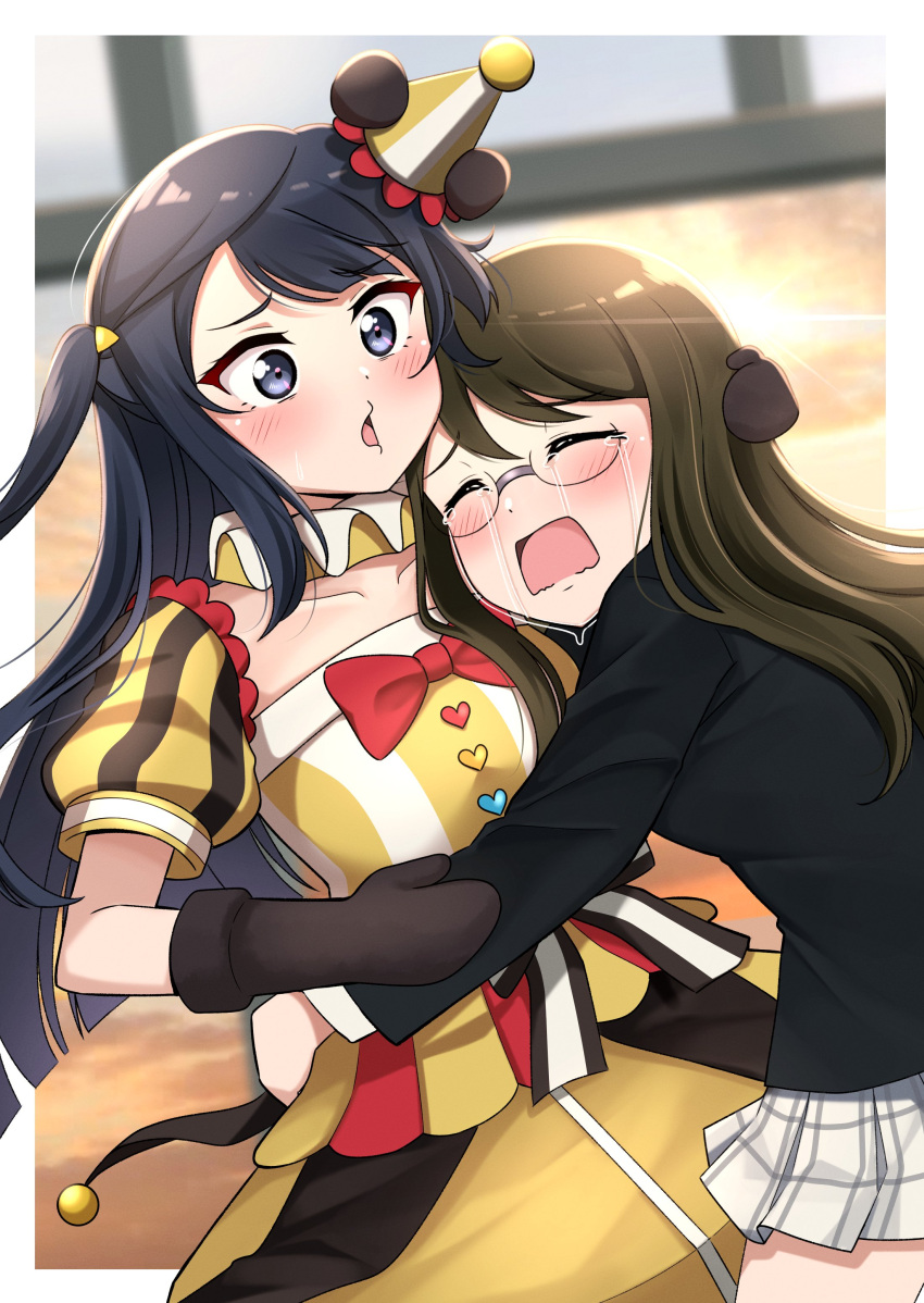 2girls absurdres bangs black_eyes black_gloves black_hair black_jacket blurry blurry_background blush bow brown_hair character_request checkered_clothes checkered_skirt closed_eyes collarbone commentary_request crying dress elbow_gloves eyebrows_visible_through_hair gloves grey_skirt hat heart highres hug jacket long_hair love_live! love_live!_nijigasaki_high_school_idol_club multiple_girls neck_ruff open_mouth puffy_short_sleeves puffy_sleeves red_bow round_eyewear short_sleeves side_ponytail sidelocks ska.harumi skirt sunset waist_bow yellow_dress yuuki_setsuna_(love_live!)