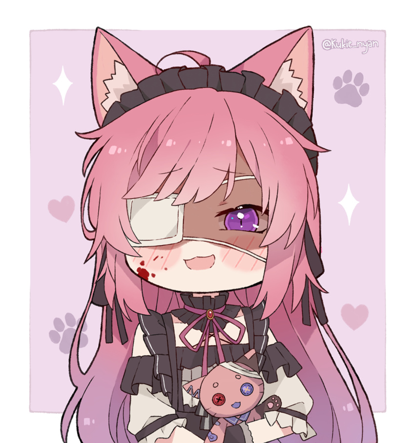 1girl :d animal_ear_fluff blood blush_stickers cat_girl chibi choker commentary english_commentary eyepatch frilled_choker frills gothic_lolita hairband highres indie_virtual_youtuber kukie-nyan lolita_fashion lolita_hairband maid_headdress medical_eyepatch mikeneko_(utaite) pink_hair shaded_face smile solo twitter_username violet_eyes virtual_youtuber yandere