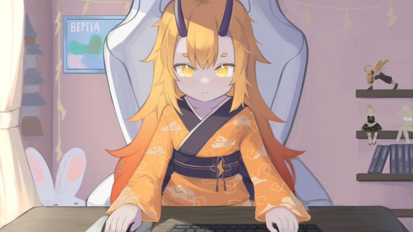 1girl absurdres black_sash chair closed_mouth commission diaz_(vtuber) figure gaming_chair highres horns indie_virtual_youtuber indoors japanese_clothes keyboard_(computer) kimono klaius long_hair looking_at_viewer obi orange_hair orange_kimono sash sitting solo stuffed_animal stuffed_bunny stuffed_toy yellow_eyes