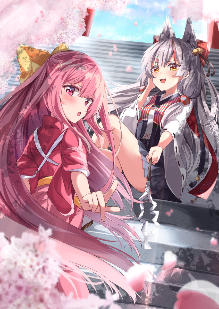 2girls acchii_(akina) animal_ears azur_lane black_hakama blue_sky bow cherry_blossoms clouds commission cowboy_shot fox_ears from_above grey_hair hair_bow hakama hakama_short_skirt hakama_skirt highres index_finger_raised japanese_clothes kamikaze_(azur_lane) kamikaze_(kancolle) kantai_collection kimono long_hair long_sleeves looking_at_viewer looking_back meiji_schoolgirl_uniform multicolored_hair multiple_girls namesake pink_hair pink_hakama red_kimono ribbon-trimmed_sleeves ribbon_trim skeb_commission skirt sky stairs streaked_hair yellow_bow yellow_eyes