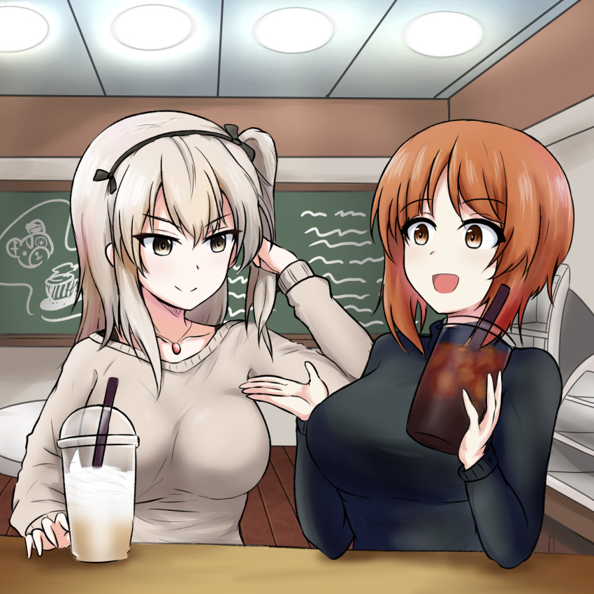 armorganger bangs black_ribbon black_shirt boko_(girls_und_panzer) breasts brown_eyes brown_hair casual chalkboard closed_mouth commentary cup disposable_cup drinking_straw elbow_rest eyebrows_visible_through_hair girls_und_panzer grey_sweater hair_ribbon hand_in_own_hair highres holding holding_cup indoors jewelry large_breasts light_brown_eyes light_brown_hair long_hair long_sleeves looking_at_another necklace nishizumi_miho older one_side_up open_mouth ribbon shimada_arisu shirt short_hair smile sweater turtleneck