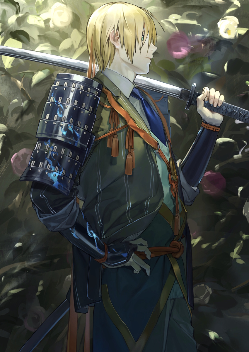 1boy absurdres armor blonde_hair blue_eyes blue_necktie closed_mouth collared_shirt cowboy_shot from_side grey_jacket grey_pants hand_on_hip hataya highres holding holding_sword holding_weapon jacket japanese_armor katana making-of_available male_focus necktie pants profile shirt shoulder_armor sode solo standing sword touken_ranbu weapon white_shirt wing_collar yamanbagiri_kunihiro