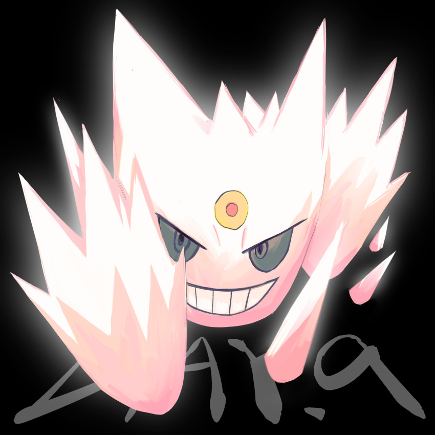 alternate_color animal_focus black_background black_eyes colored_sclera commentary english_commentary english_text forehead_jewel full_body gengar grey_sclera grin happy highres looking_at_viewer mega_gengar mega_pokemon no_humans pokemon pokemon_(creature) shiny_pokemon simple_background smile solo spikes teeth yug_(pixiv_50208056)