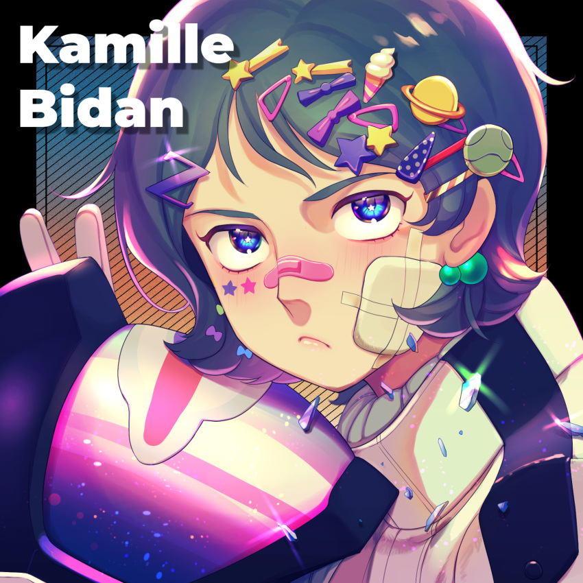 1boy bandaid bandaid_on_face bandaid_on_nose bangs black_border blue_bow blue_eyes blue_hair blush border bow character_name crystal food-themed_hair_ornament frown gloves gundam hair_behind_ear hair_bow hair_ornament hairclip haro headwear_removed helmet helmet_removed highres holding holding_helmet ice_cream_hair_ornament kamille_bidan letter_hair_ornament looking_up male_focus outside_border planet_hair_ornament portrait purple_bow sa=shimi solo v white_gloves zeta_gundam