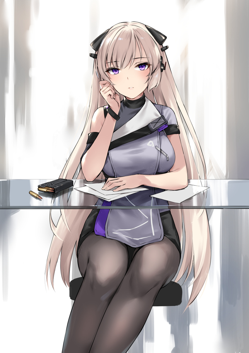 1girl absurdres alternate_costume bangs black_legwear blonde_hair breasts bullet chair closed_mouth commission dress embarrassed eyebrows_visible_through_hair feet_out_of_frame g3_(girls'_frontline) girls_frontline grey_dress hair_ornament hairclip hand_on_own_cheek hand_on_own_face highres long_hair looking_at_viewer magazine_(weapon) medium_breasts mod3_(girls'_frontline) pantyhose paper parted_lips pixiv_request simple_background sitting solo table turtleneck uniform violet_eyes zen_juraku