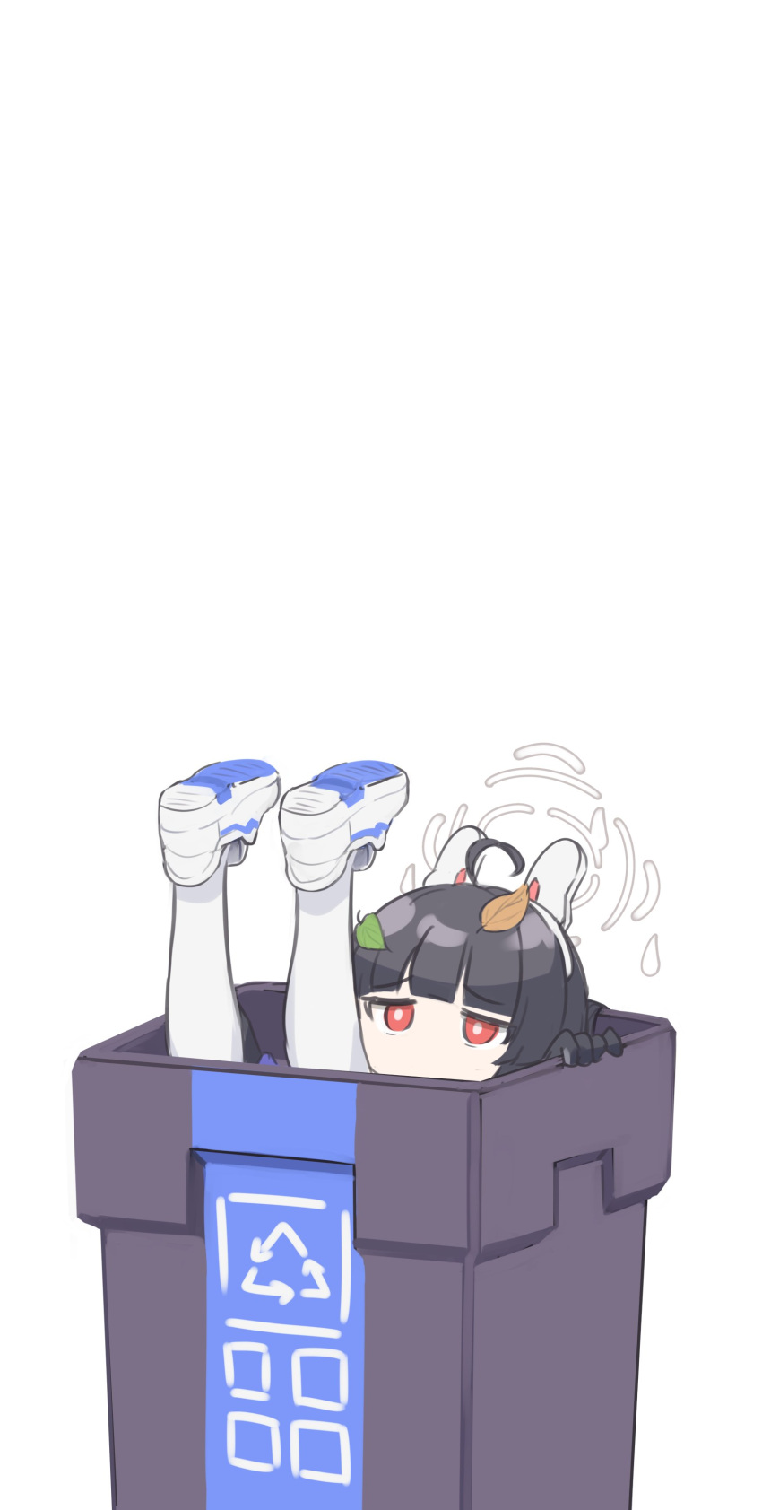 1girl absurdres bangs black_gloves black_hair blue_archive blunt_bangs bright_pupils gloves halo highres klaius miyu_(blue_archive) pantyhose red_eyes shoes simple_background stuck trash_can white_background white_footwear white_legwear white_pupils