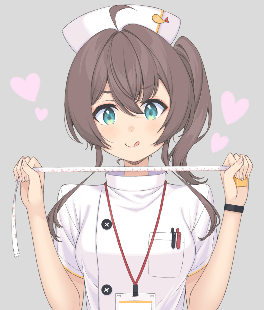 1girl :q alternate_costume bangs blue_eyes blush bracelet breast_pocket brown_hair erubusubori hair_between_eyes hat highres hololive jewelry long_hair looking_at_viewer natsuiro_matsuri nurse nurse_cap pocket shirt side_ponytail sidelocks smile solo tape_measure tongue tongue_out upper_body virtual_youtuber white_shirt